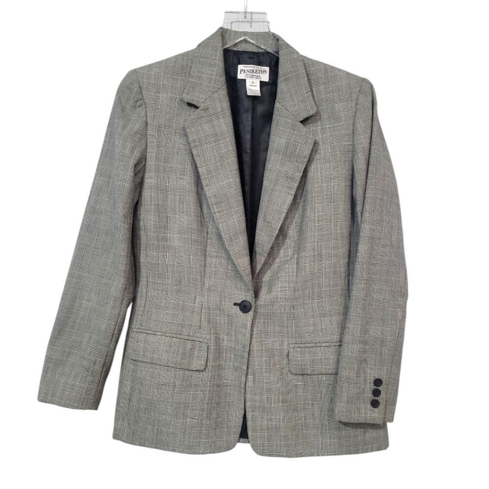 Pendleton WMS 8 Suit Jacket Blazer Glen Check Tan Black Single Button Pockets